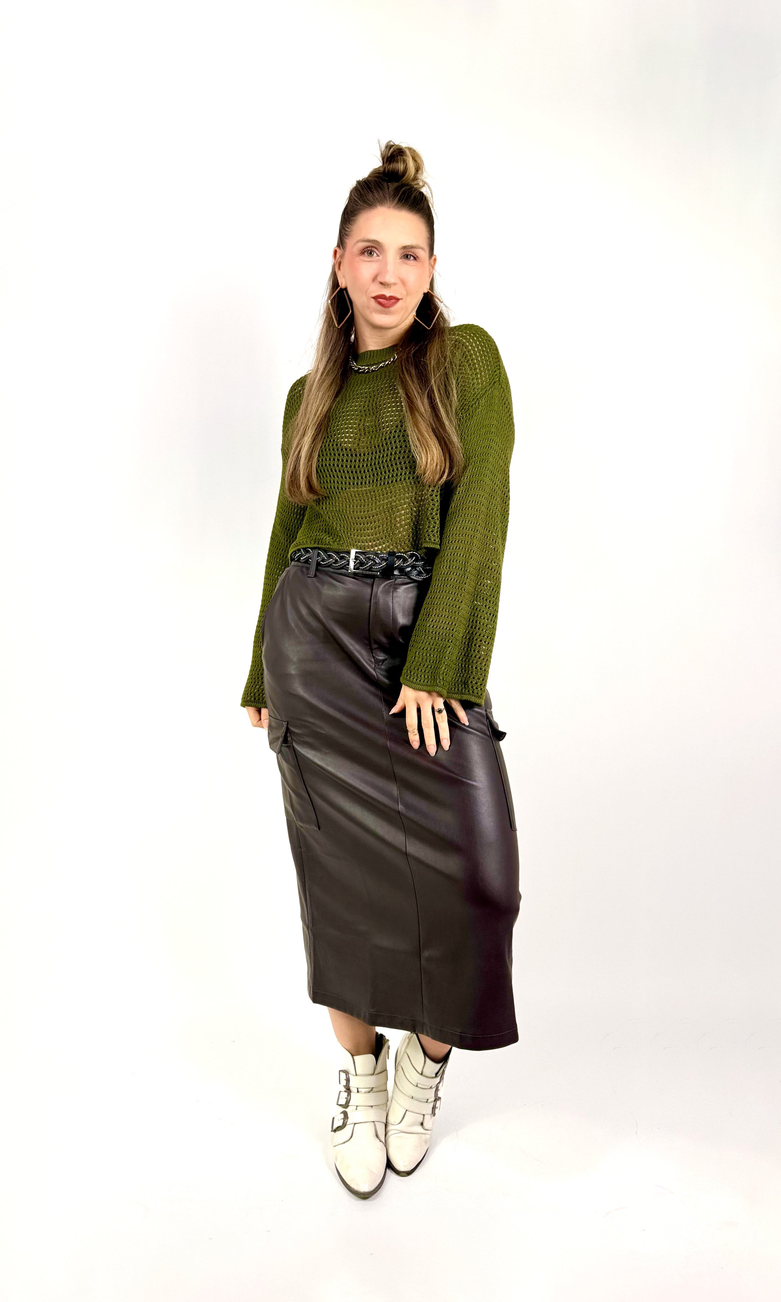 olive crochet style open knit sweater worn by woman gyal bashy