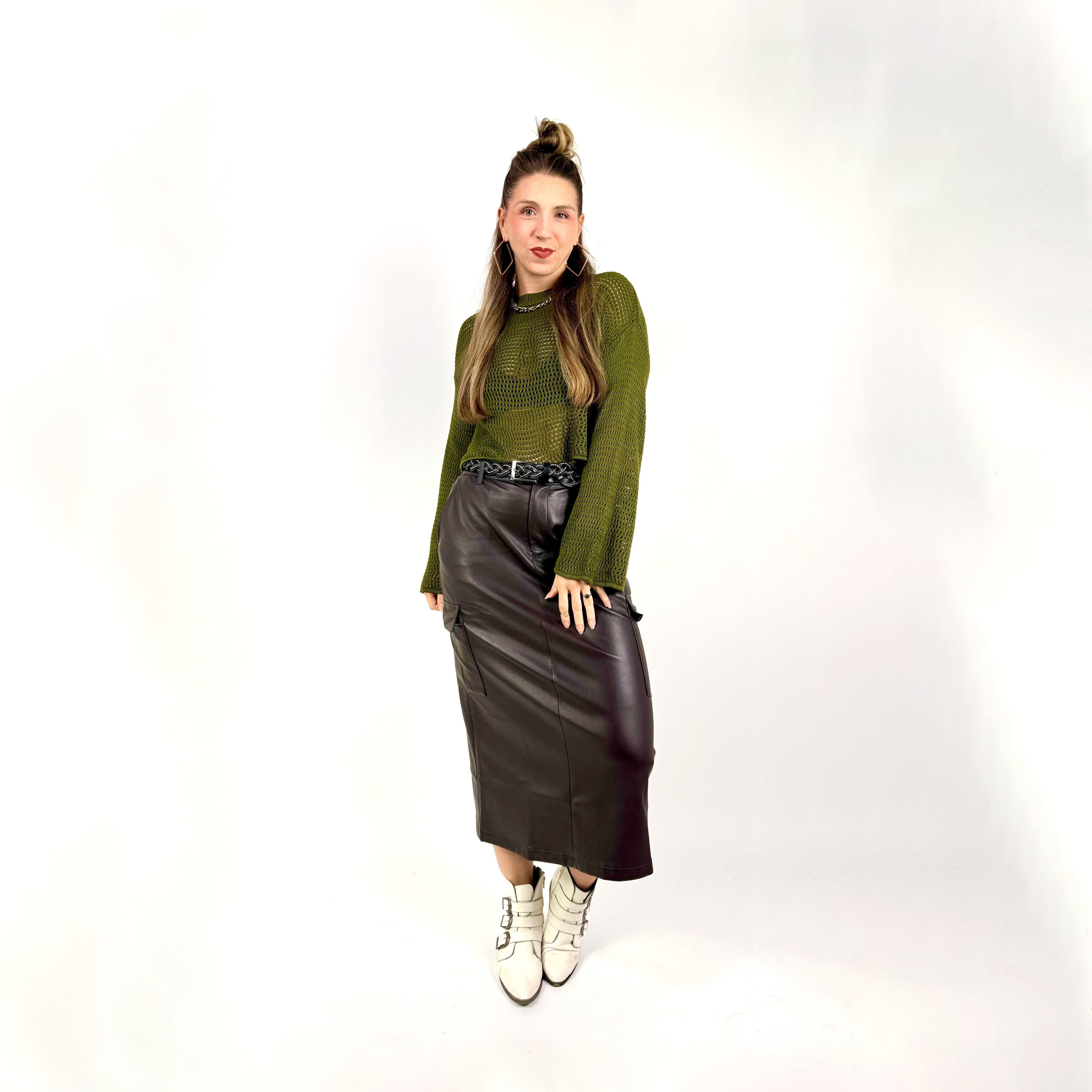 olive crochet style open knit sweater worn by woman gyal bashy