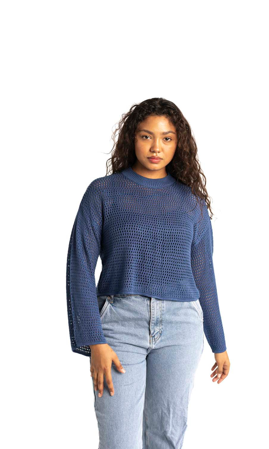 blue crochet style open knit sweater worn by woman gyal bashy