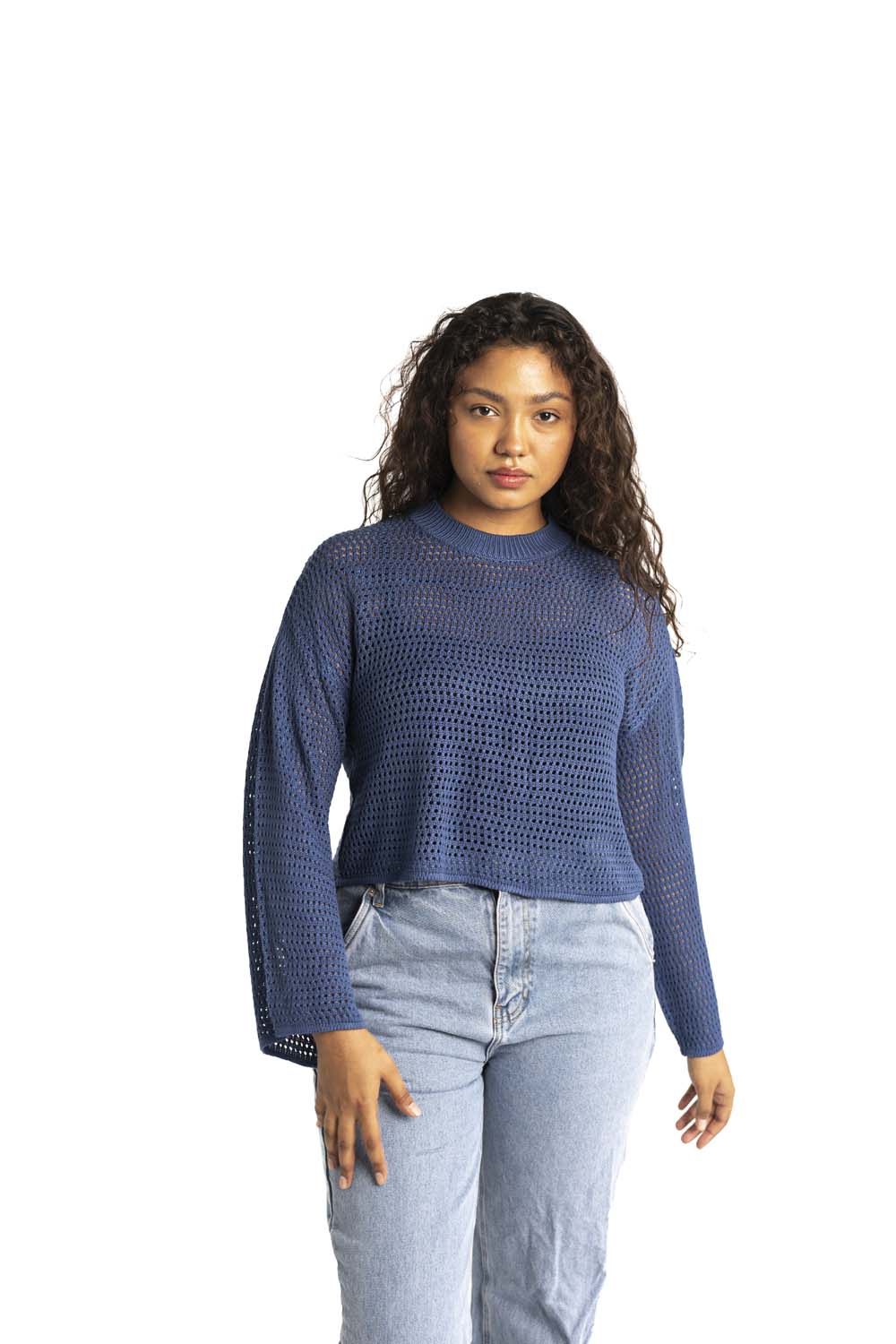 blue crochet style open knit sweater worn by woman gyal bashy