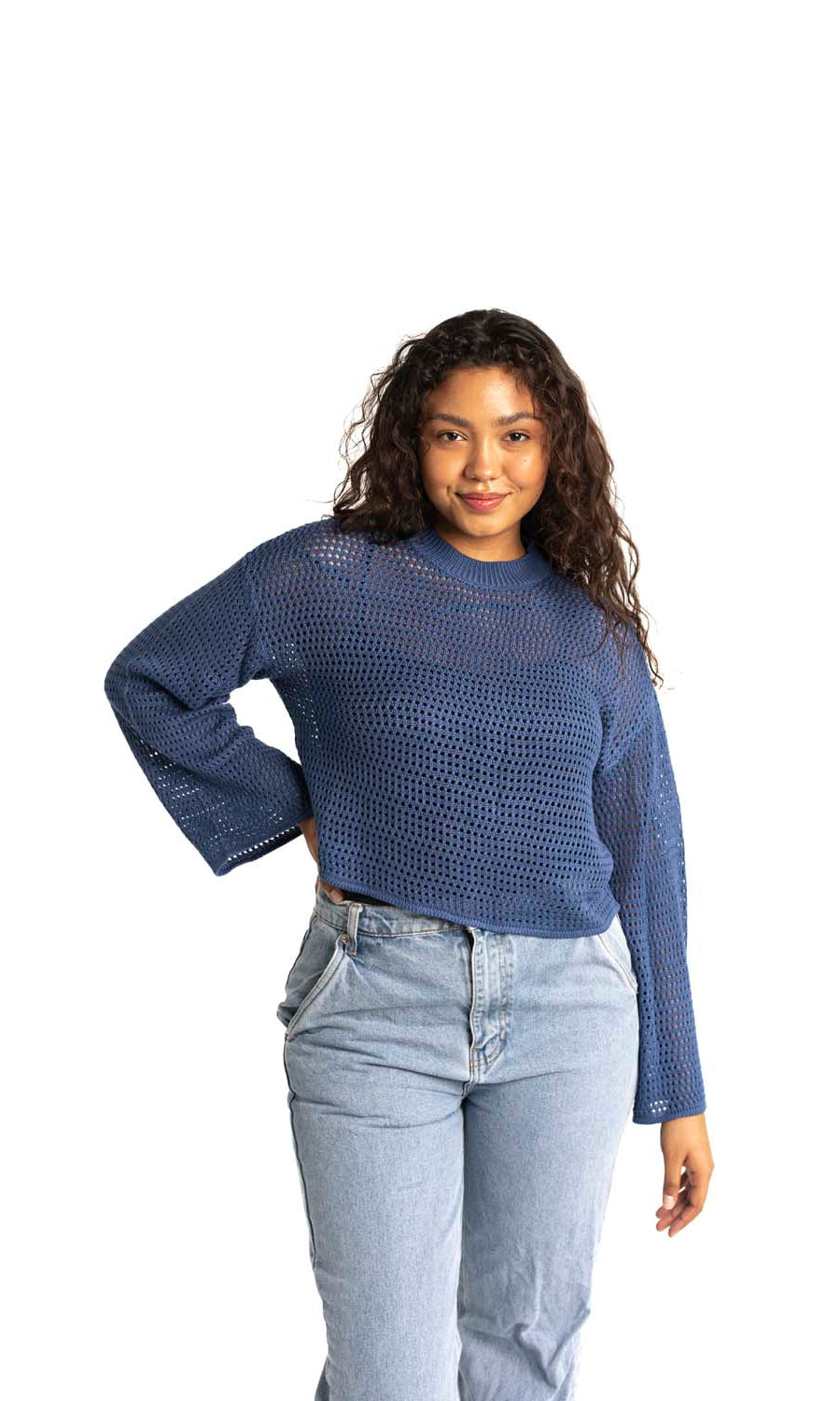 blue crochet style open knit sweater worn by woman gyal bashy