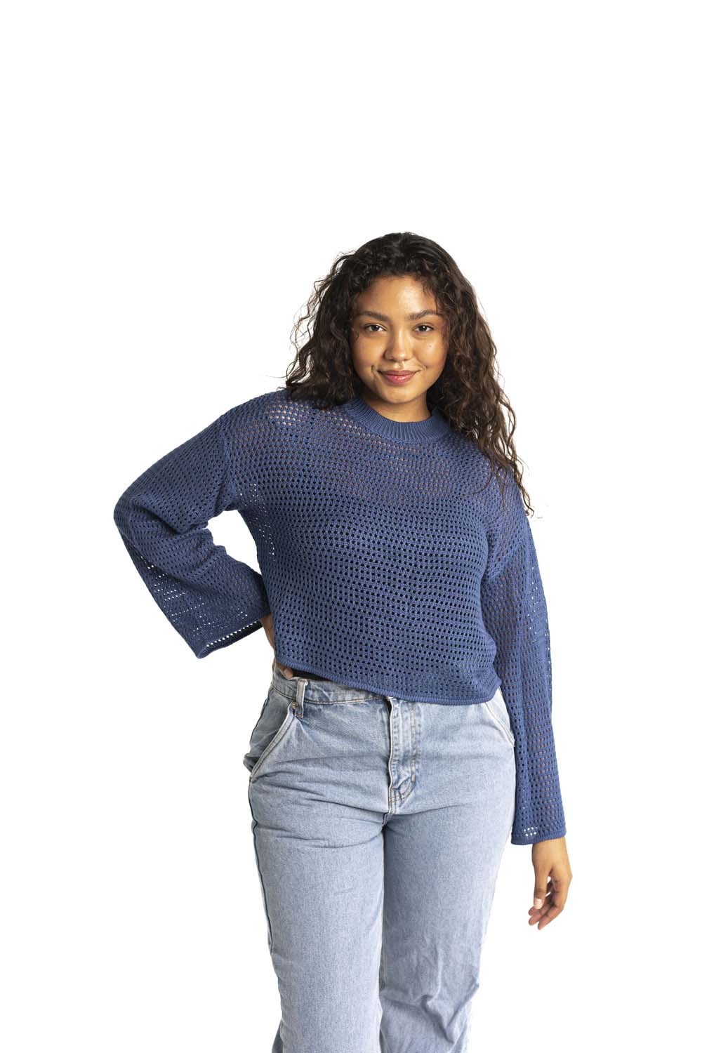 blue crochet style open knit sweater worn by woman gyal bashy