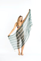 Tall, young woman with blonde hair is smiling and wearing a multi-colored bikini and strappy sandals. She is holding a sheet, teal striped sarong coverup diagonally across her body.