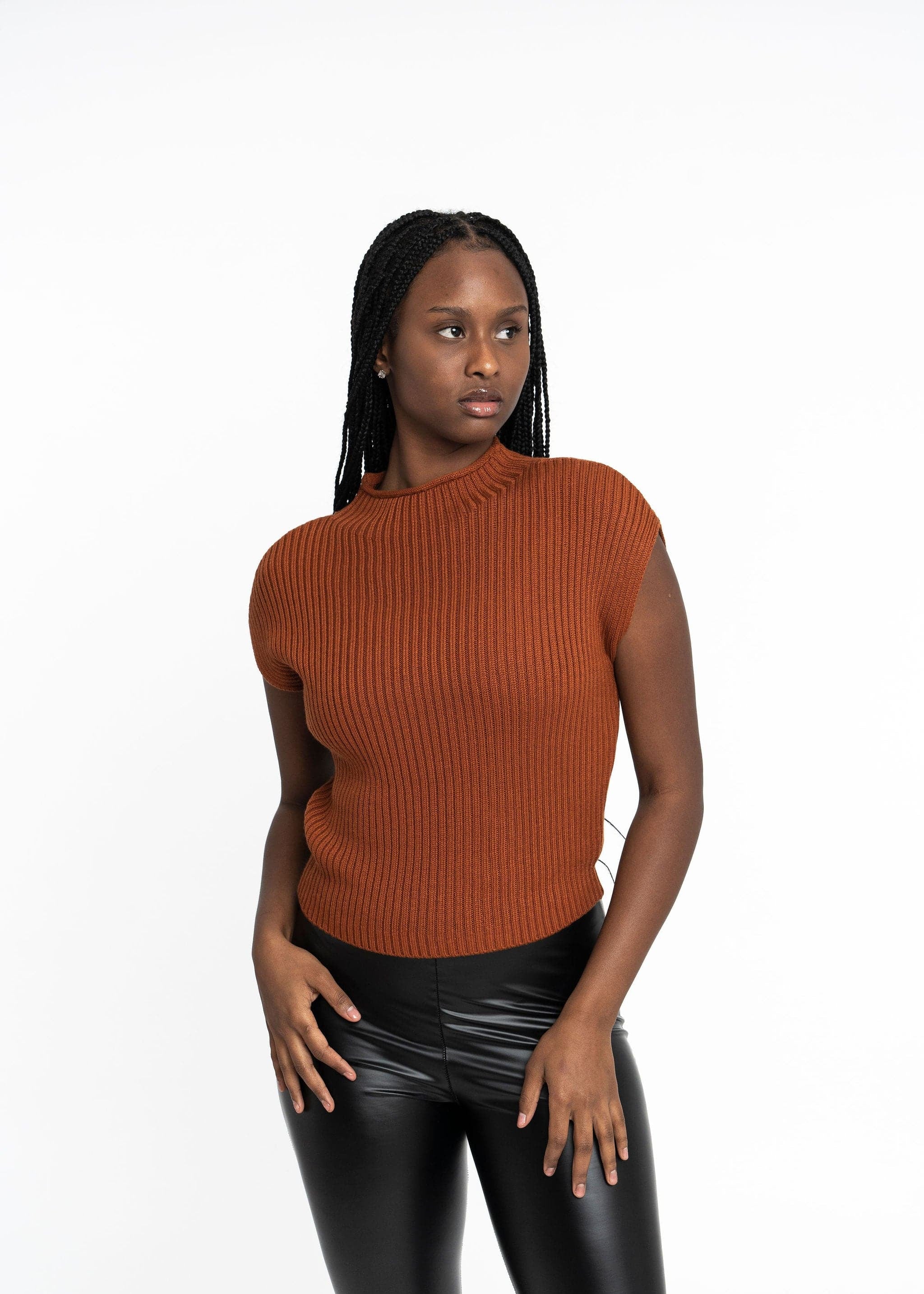 Angela: Sustainable Cap Sleeve Mock Neck Ribbed Sweater by Elaine Lewis GyalBashy