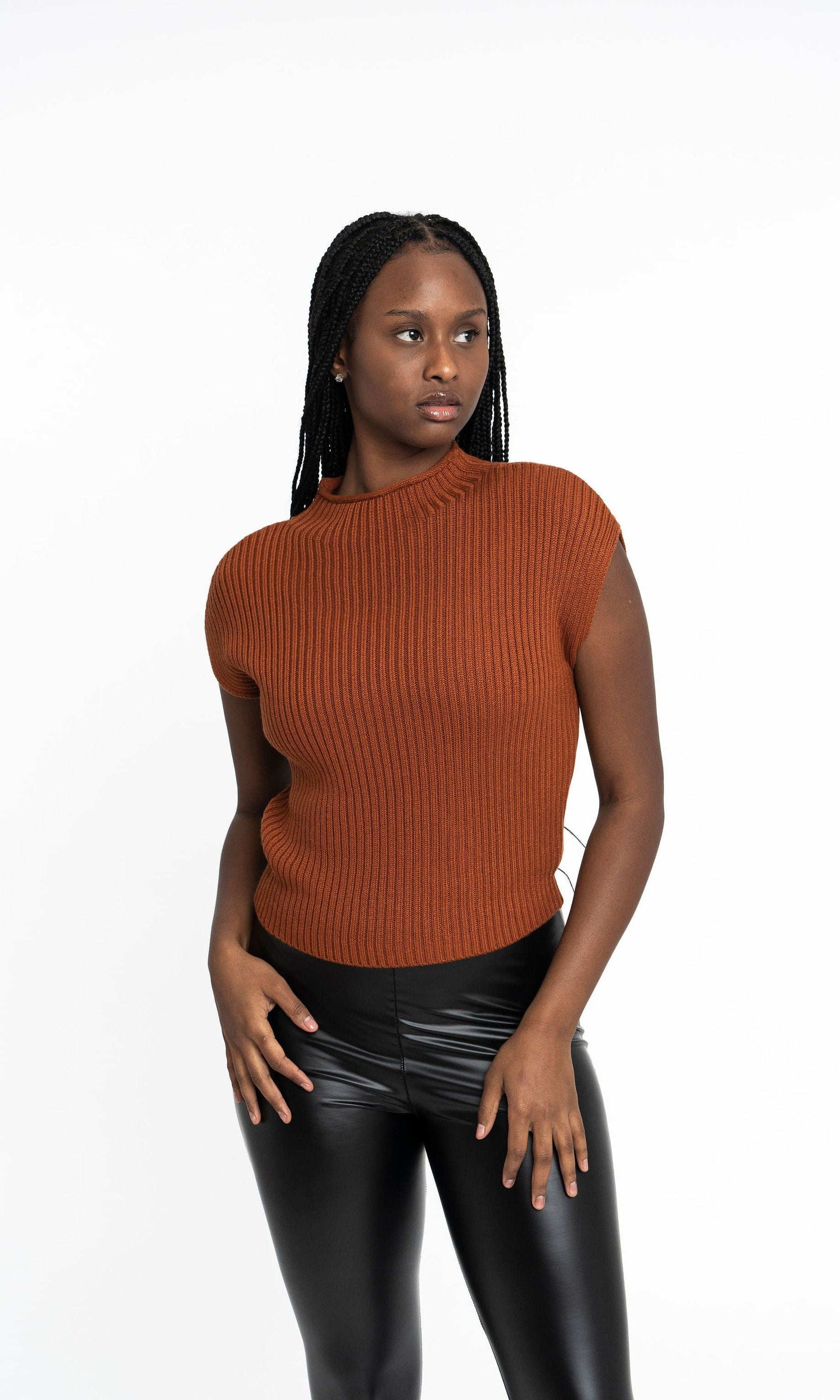 Angela: Sustainable Cap Sleeve Mock Neck Ribbed Sweater by Elaine Lewis GyalBashy
