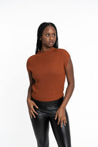 Angela: Sustainable Cap Sleeve Mock Neck Ribbed Sweater by Elaine Lewis GyalBashy