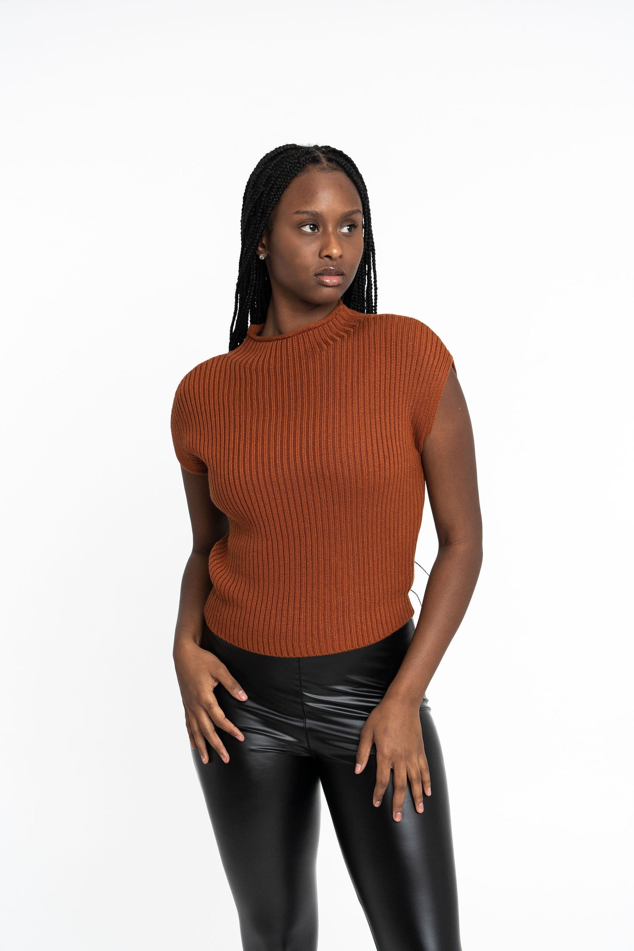 Angela: Sustainable Cap Sleeve Mock Neck Ribbed Sweater by Elaine Lewis GyalBashy