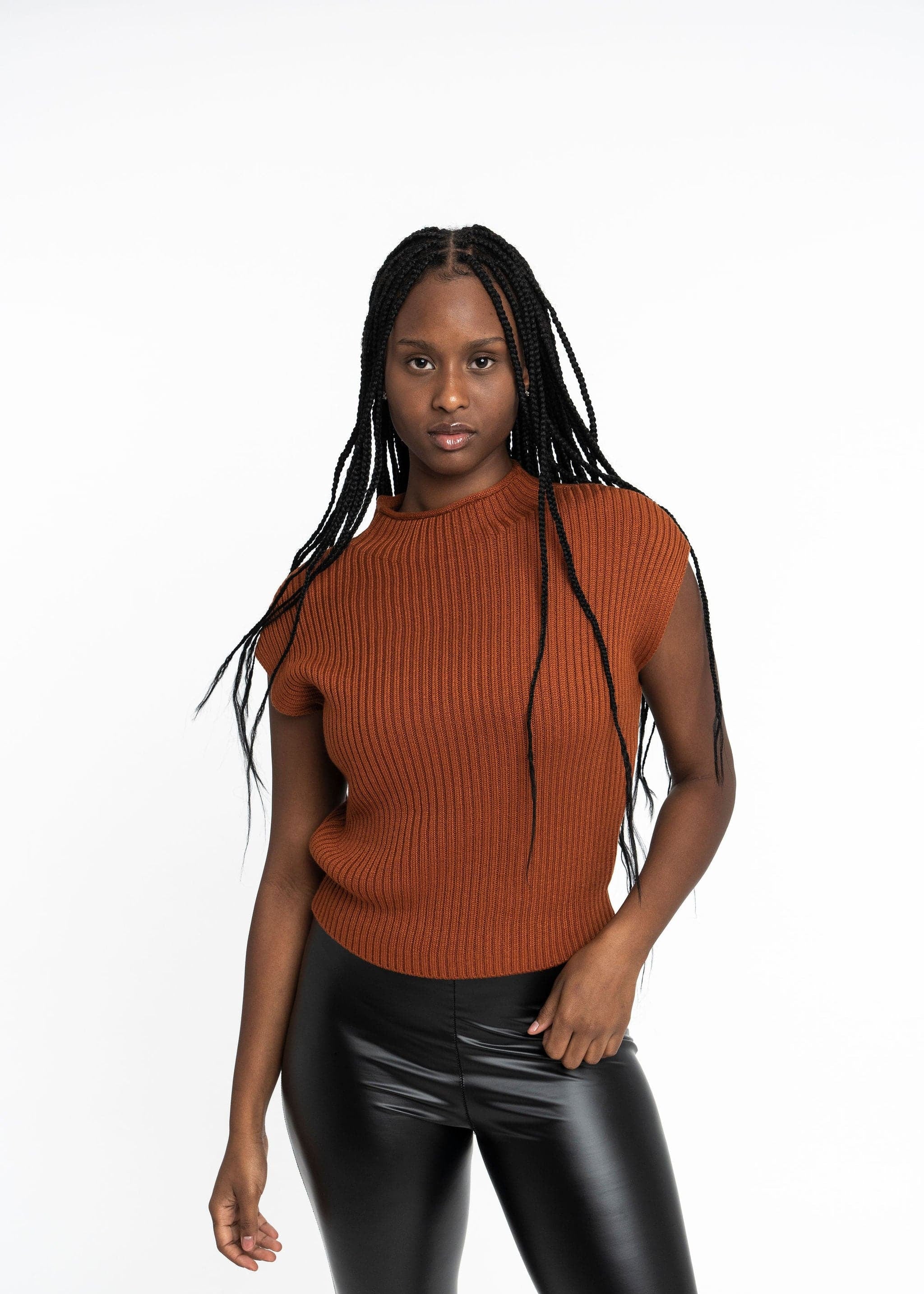 Angela: Sustainable Cap Sleeve Mock Neck Ribbed Sweater by Elaine Lewis GyalBashy
