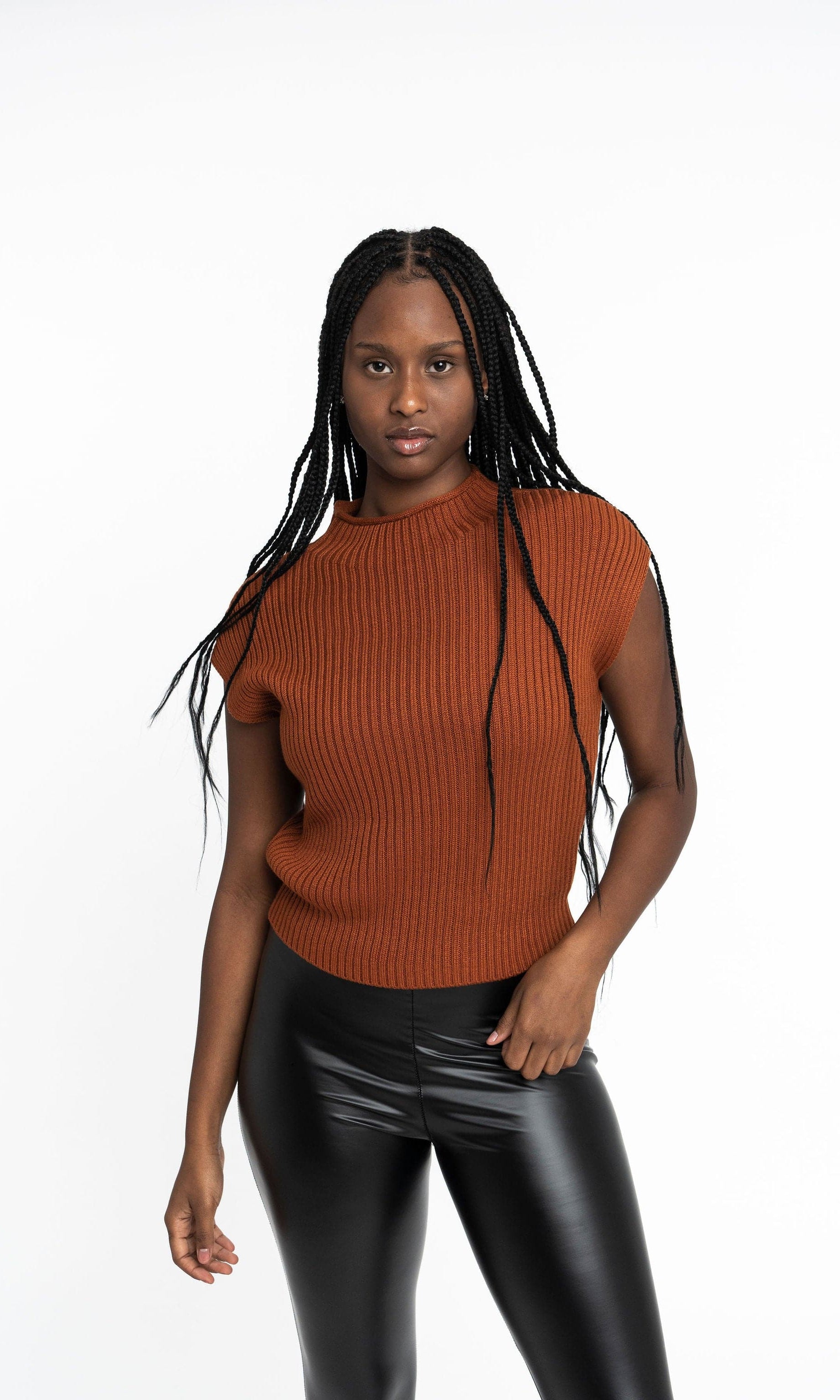 Angela: Sustainable Cap Sleeve Mock Neck Ribbed Sweater by Elaine Lewis GyalBashy
