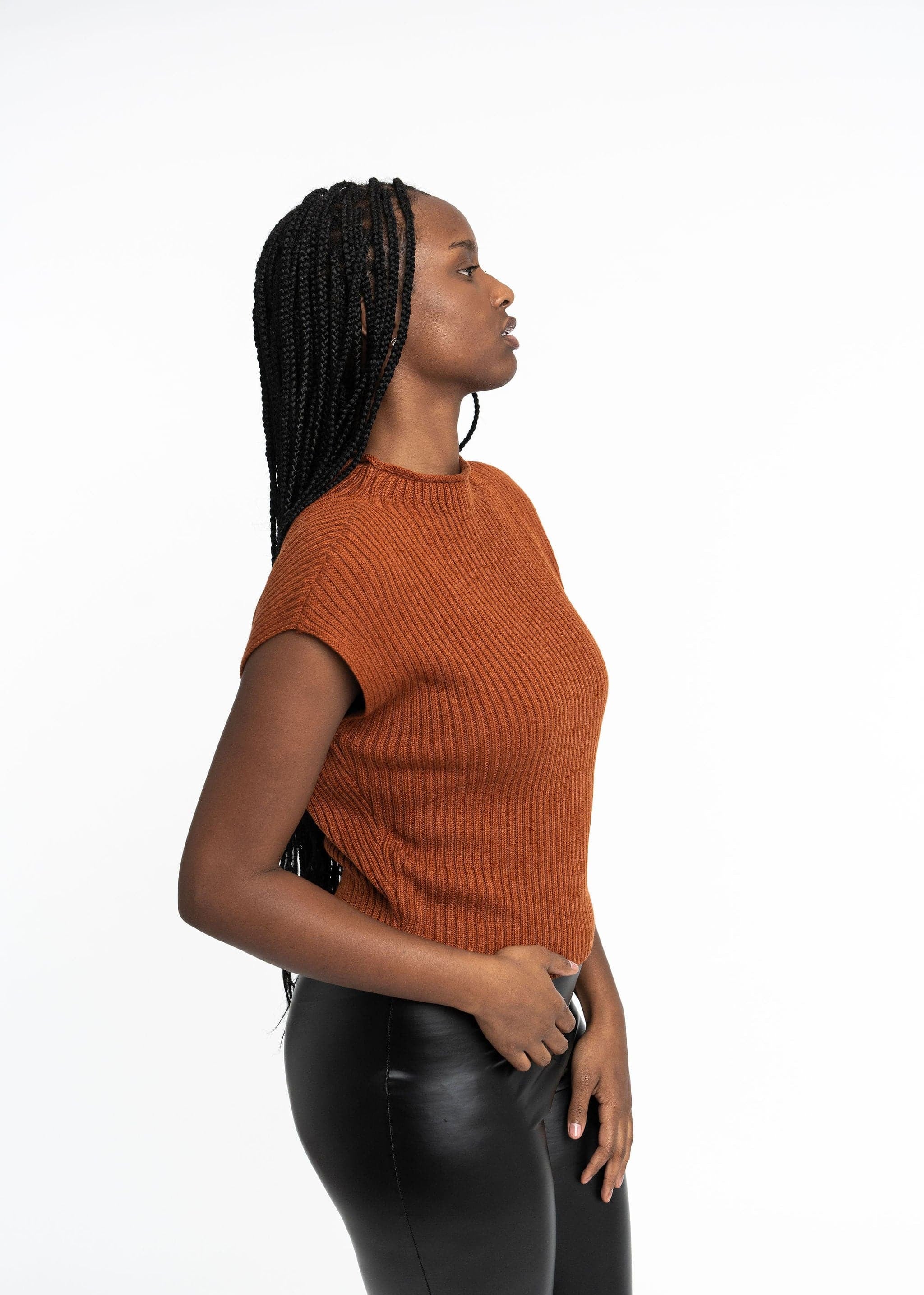 Angela: Sustainable Cap Sleeve Mock Neck Ribbed Sweater by Elaine Lewis GyalBashy