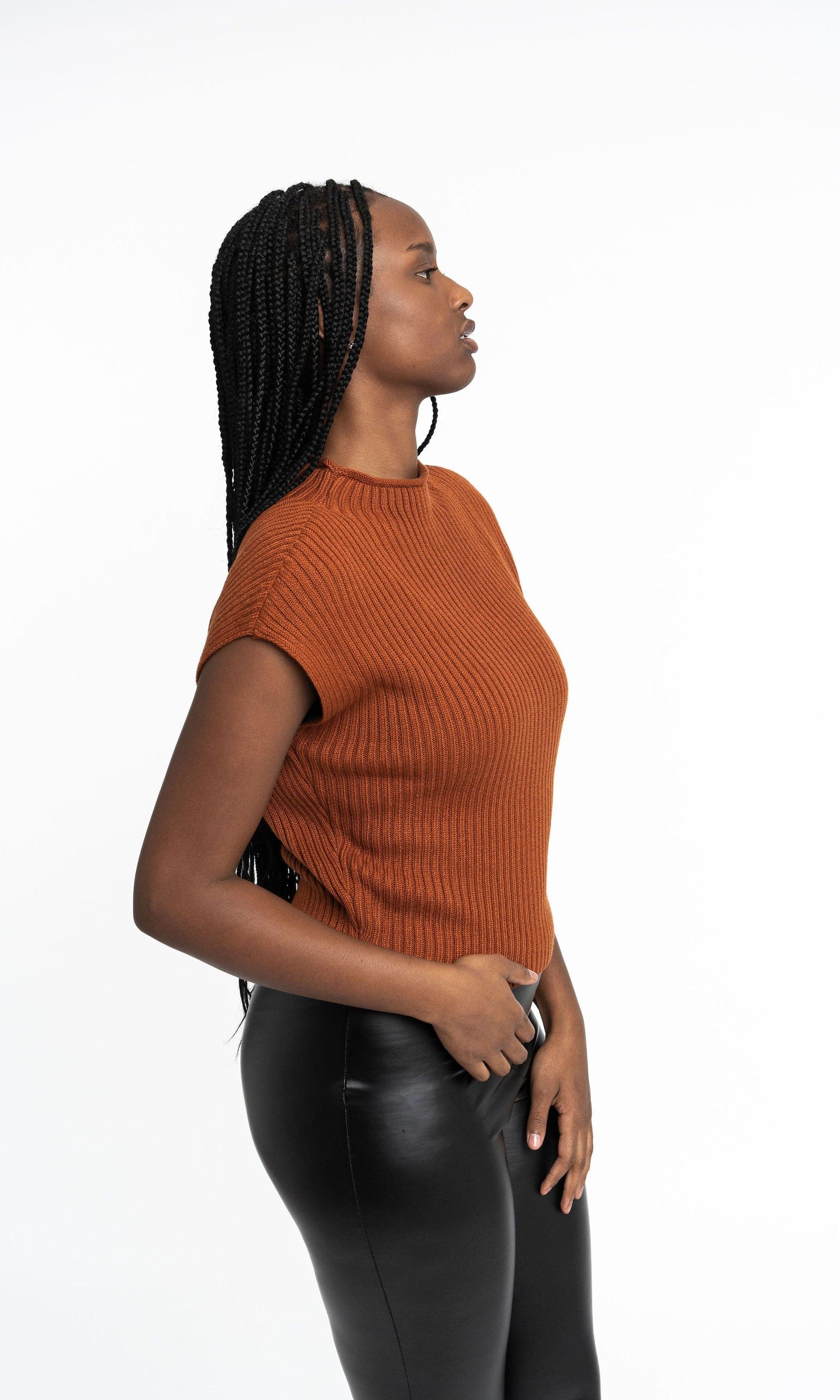 Angela: Sustainable Cap Sleeve Mock Neck Ribbed Sweater by Elaine Lewis GyalBashy