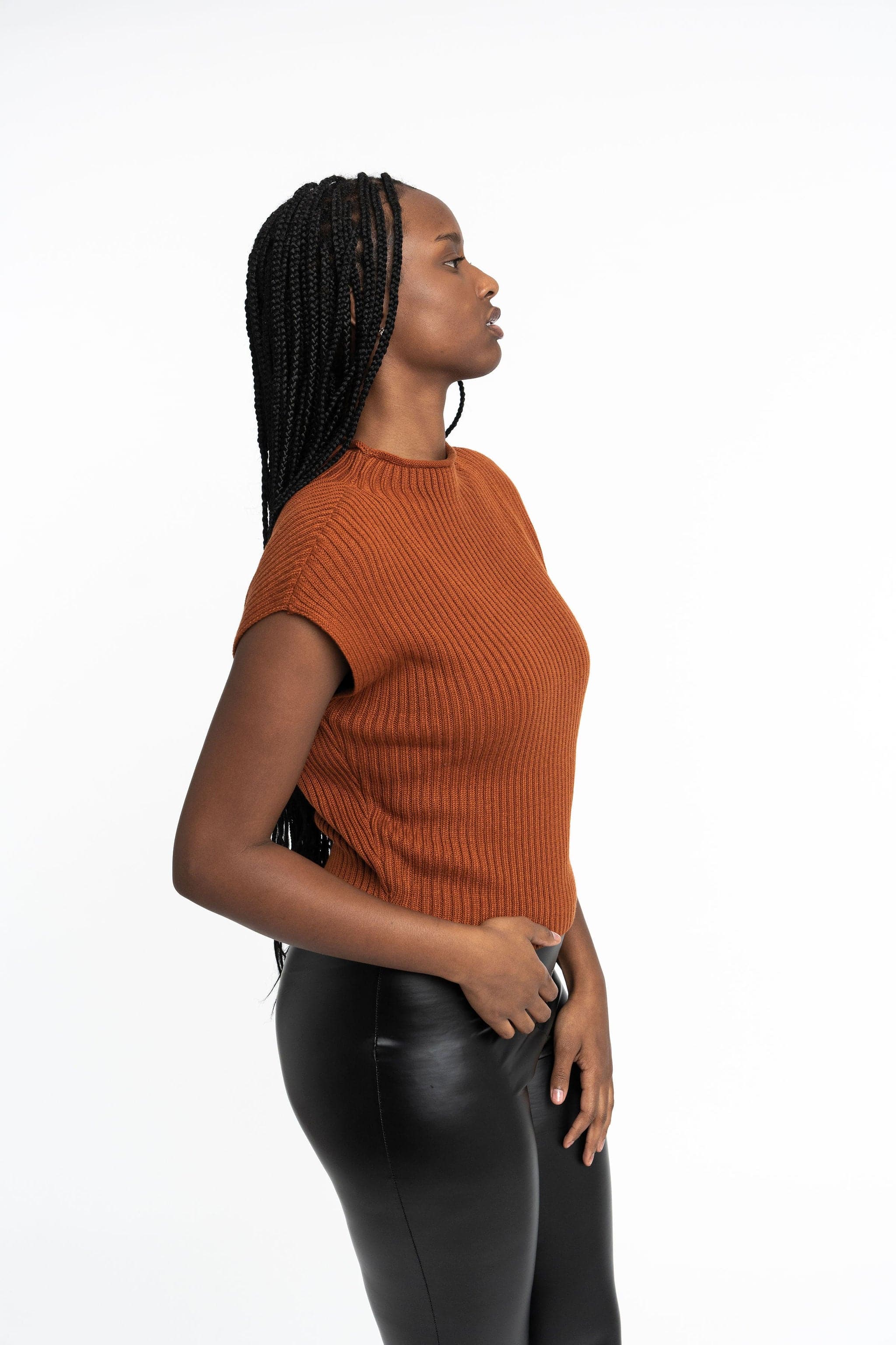 Angela: Sustainable Cap Sleeve Mock Neck Ribbed Sweater by Elaine Lewis GyalBashy