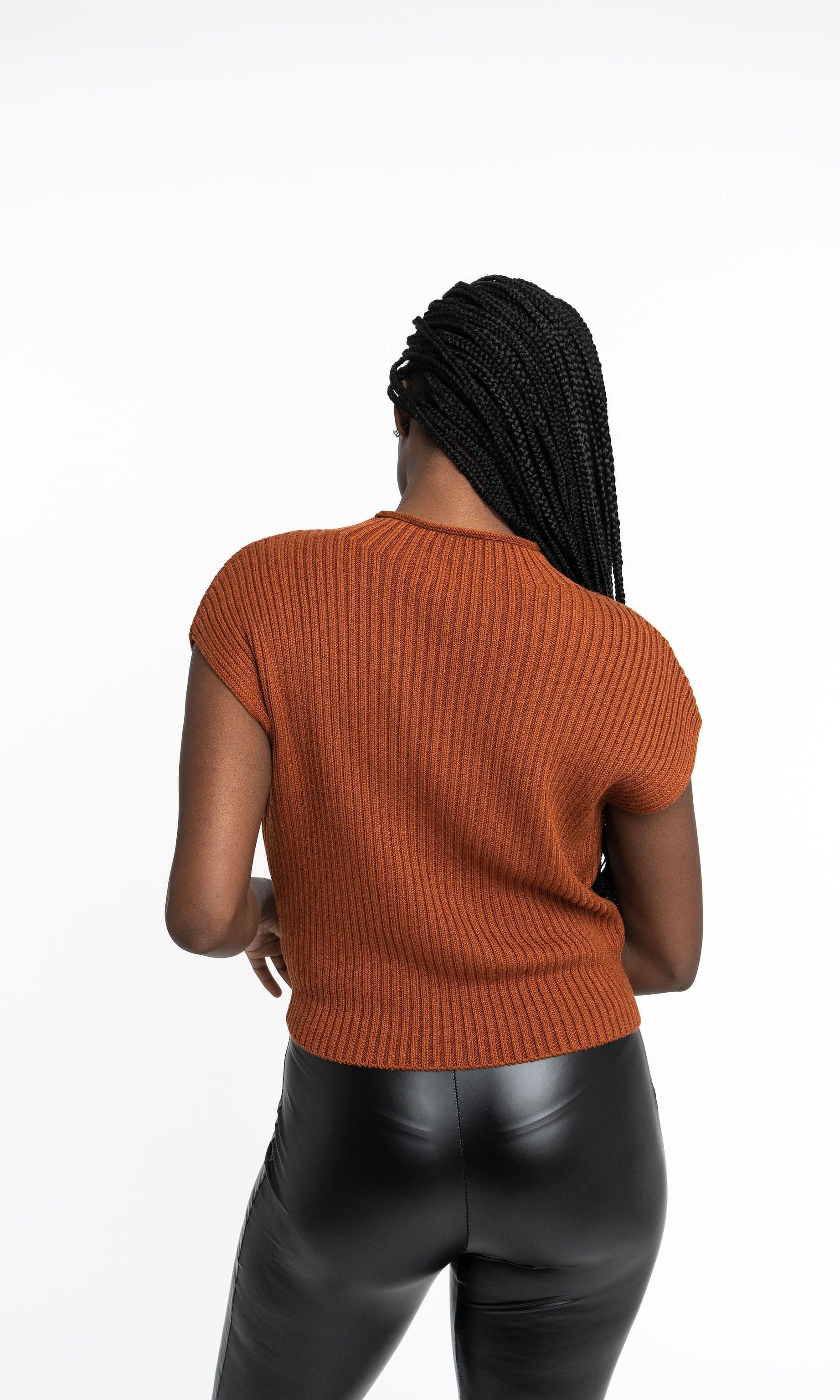 Angela: Sustainable Cap Sleeve Mock Neck Ribbed Sweater by Elaine Lewis GyalBashy