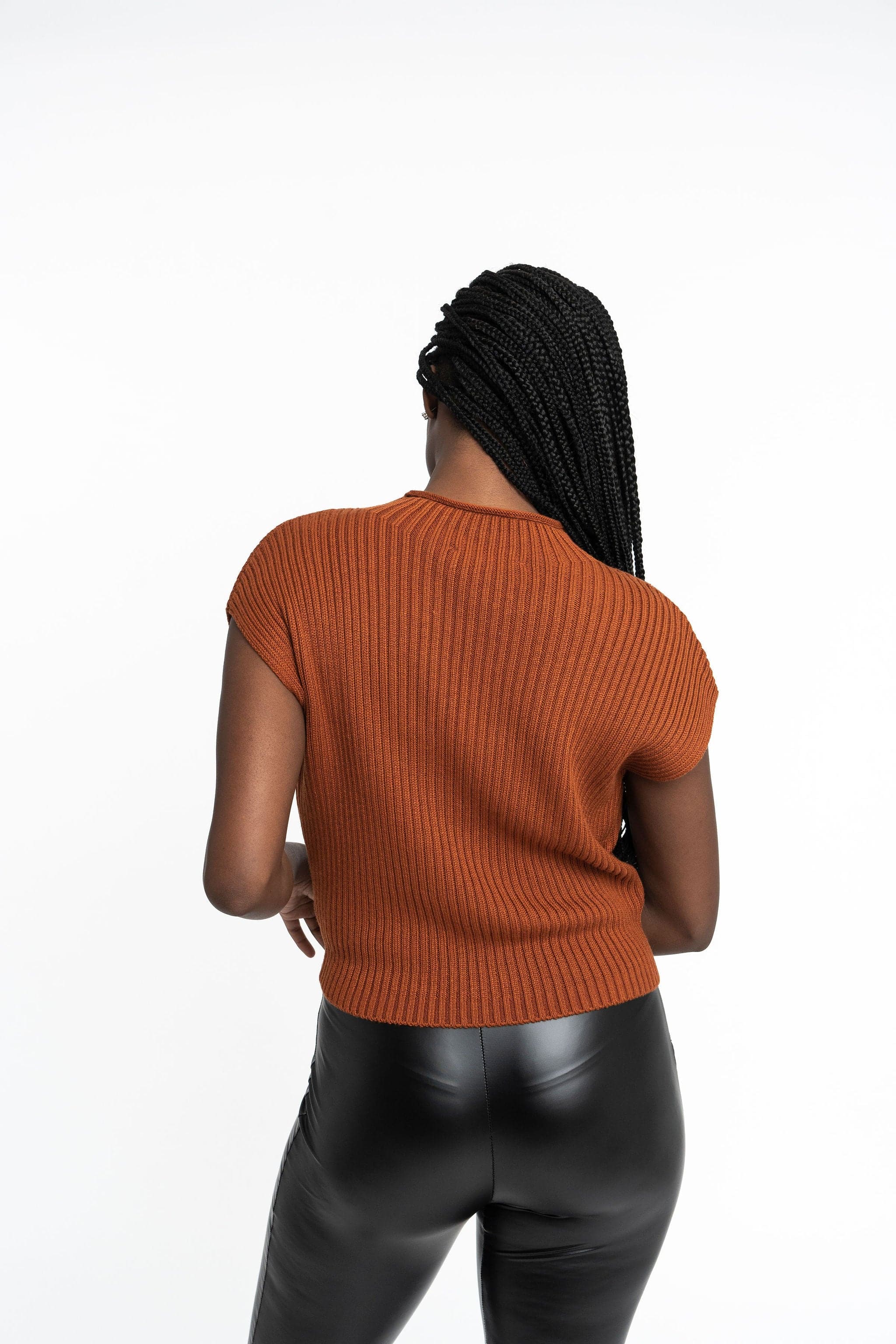 Angela: Sustainable Cap Sleeve Mock Neck Ribbed Sweater by Elaine Lewis GyalBashy