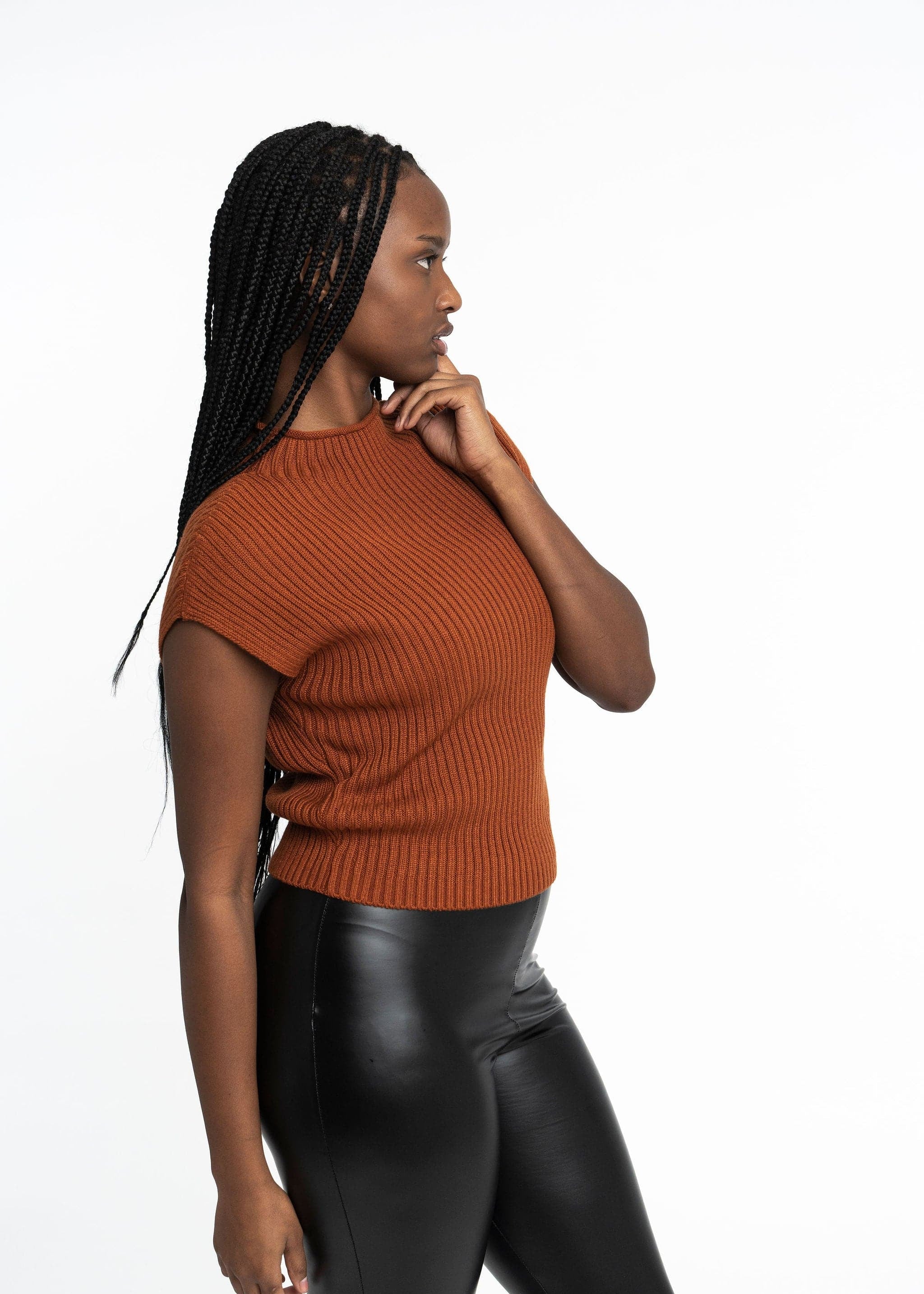 Angela: Sustainable Cap Sleeve Mock Neck Ribbed Sweater by Elaine Lewis GyalBashy