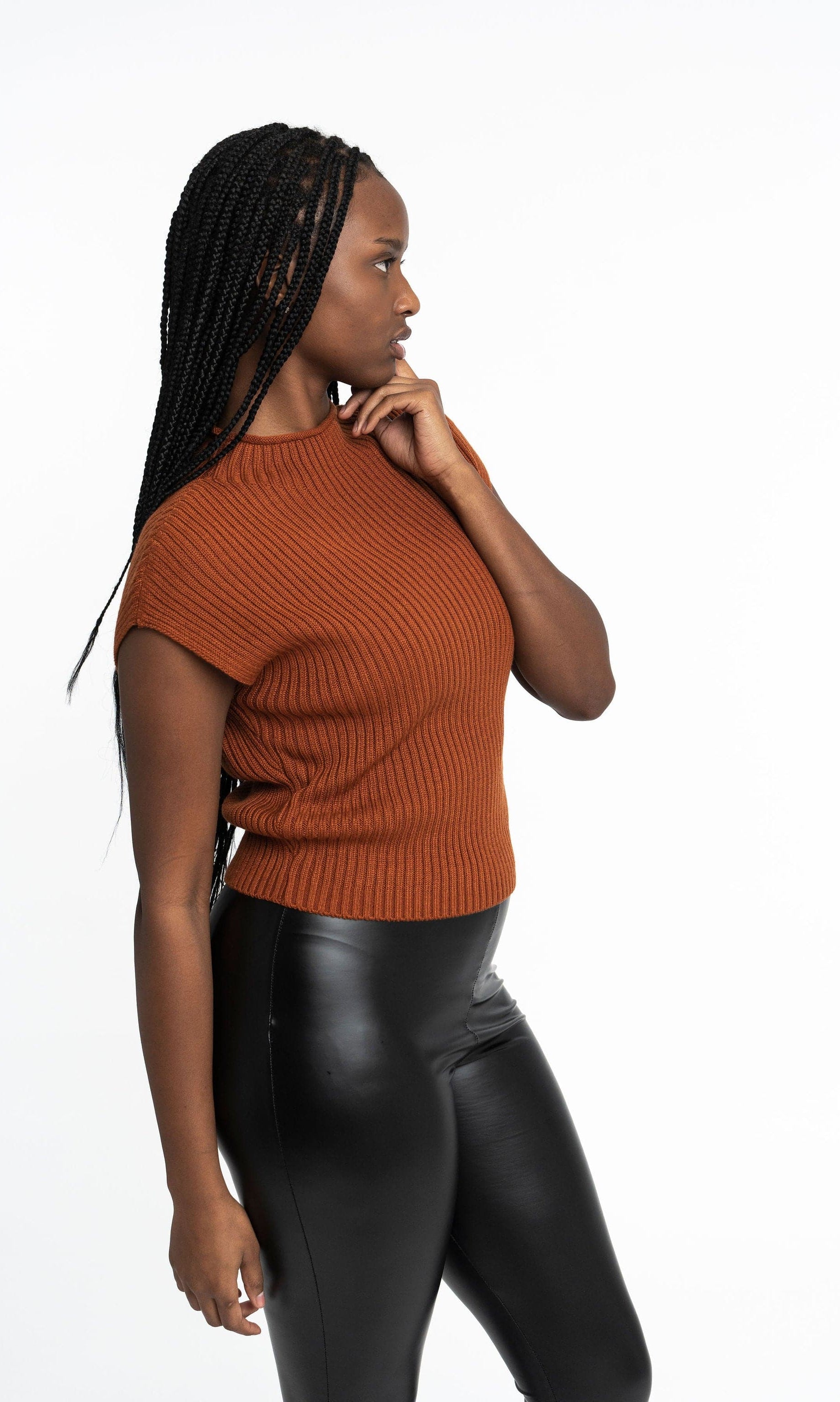Angela: Sustainable Cap Sleeve Mock Neck Ribbed Sweater by Elaine Lewis GyalBashy