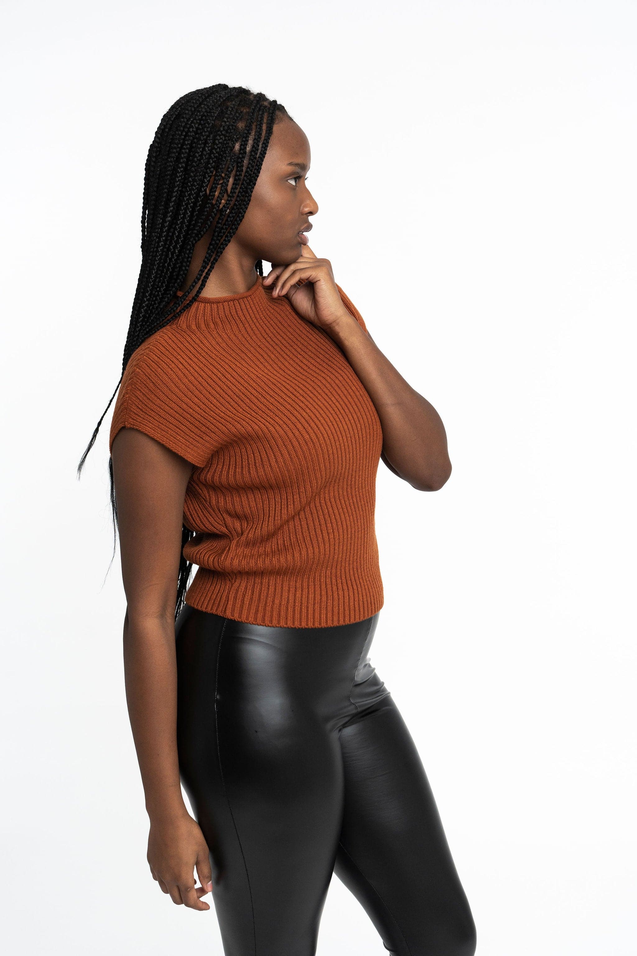 Angela: Sustainable Cap Sleeve Mock Neck Ribbed Sweater by Elaine Lewis GyalBashy