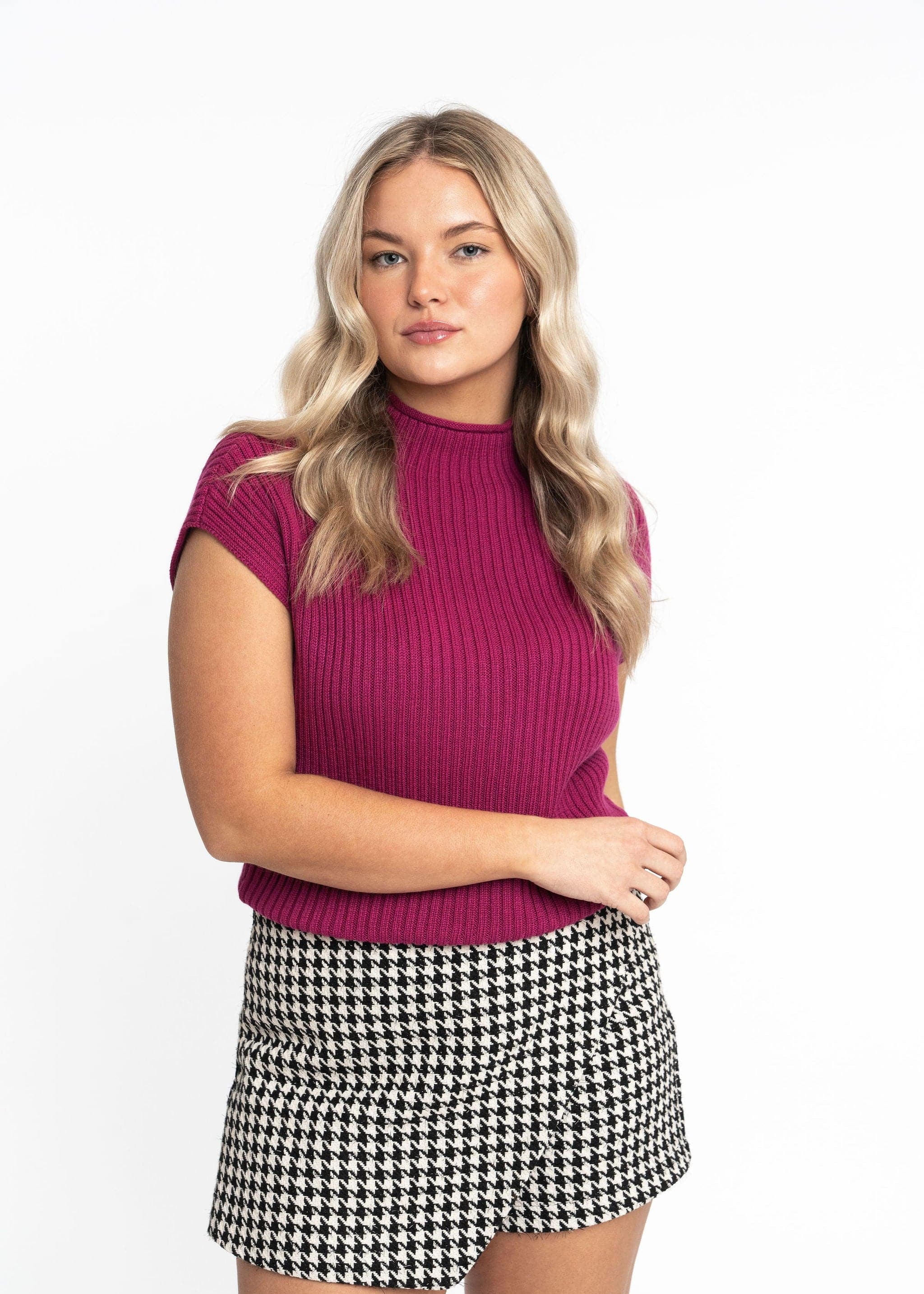 Angela: Sustainable Cap Sleeve Mock Neck Ribbed Sweater by Elaine Lewis GyalBashy