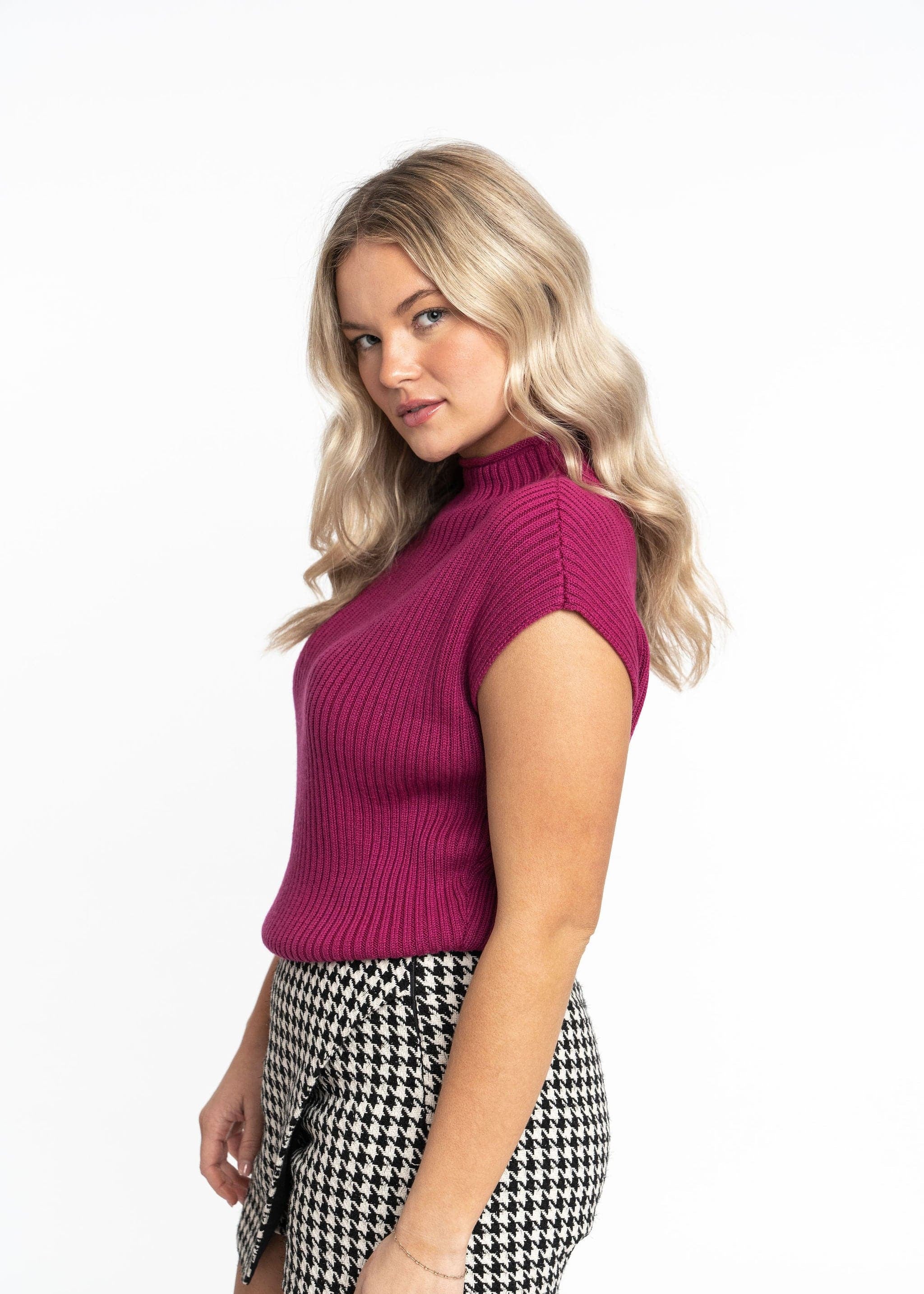 Angela: Sustainable Cap Sleeve Mock Neck Ribbed Sweater by Elaine Lewis GyalBashy