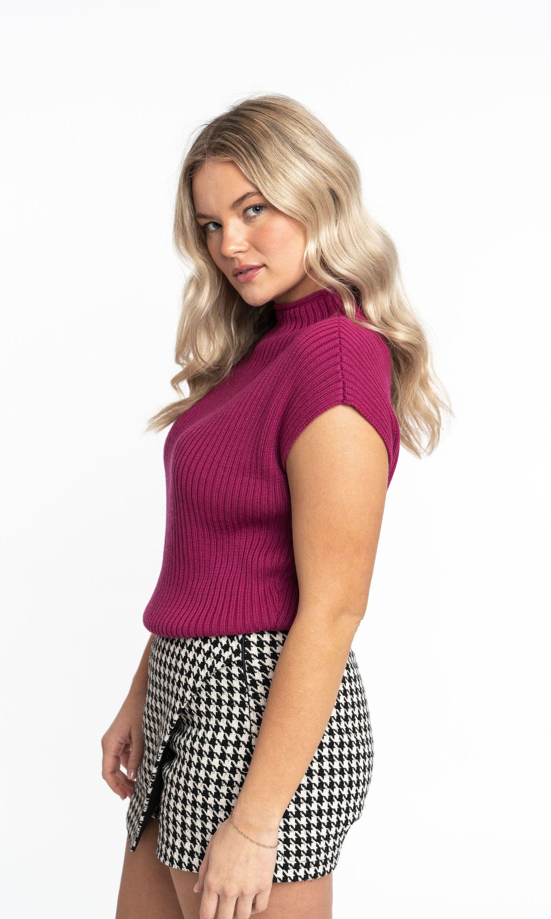 Angela: Sustainable Cap Sleeve Mock Neck Ribbed Sweater by Elaine Lewis GyalBashy