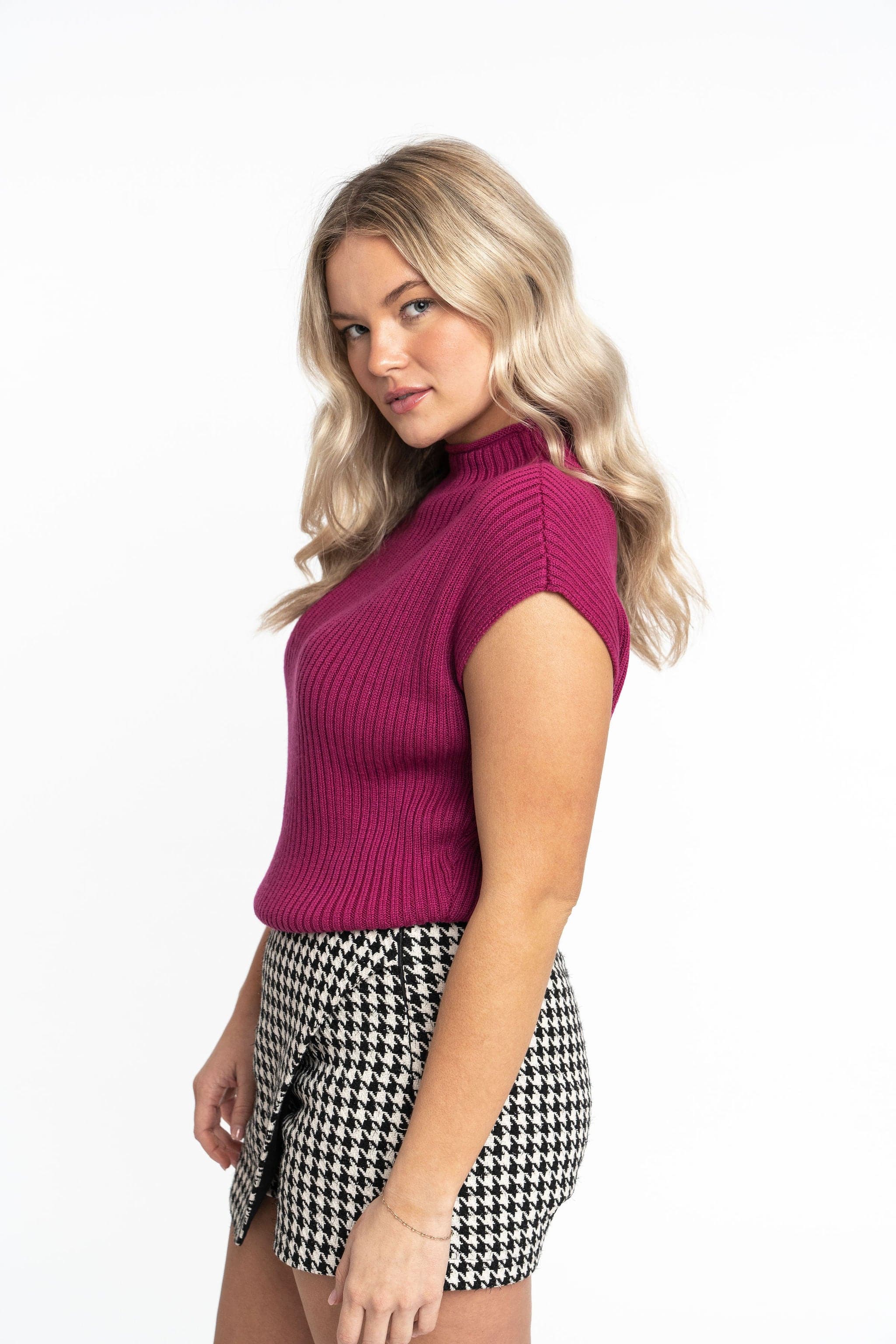 Angela: Sustainable Cap Sleeve Mock Neck Ribbed Sweater by Elaine Lewis GyalBashy
