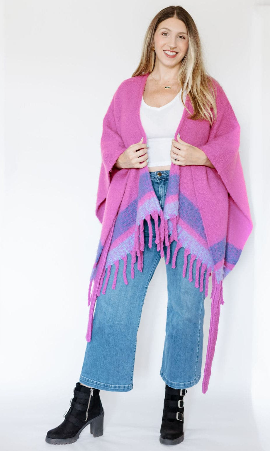 Striped Belted Ruana With Fringe GyalBashy