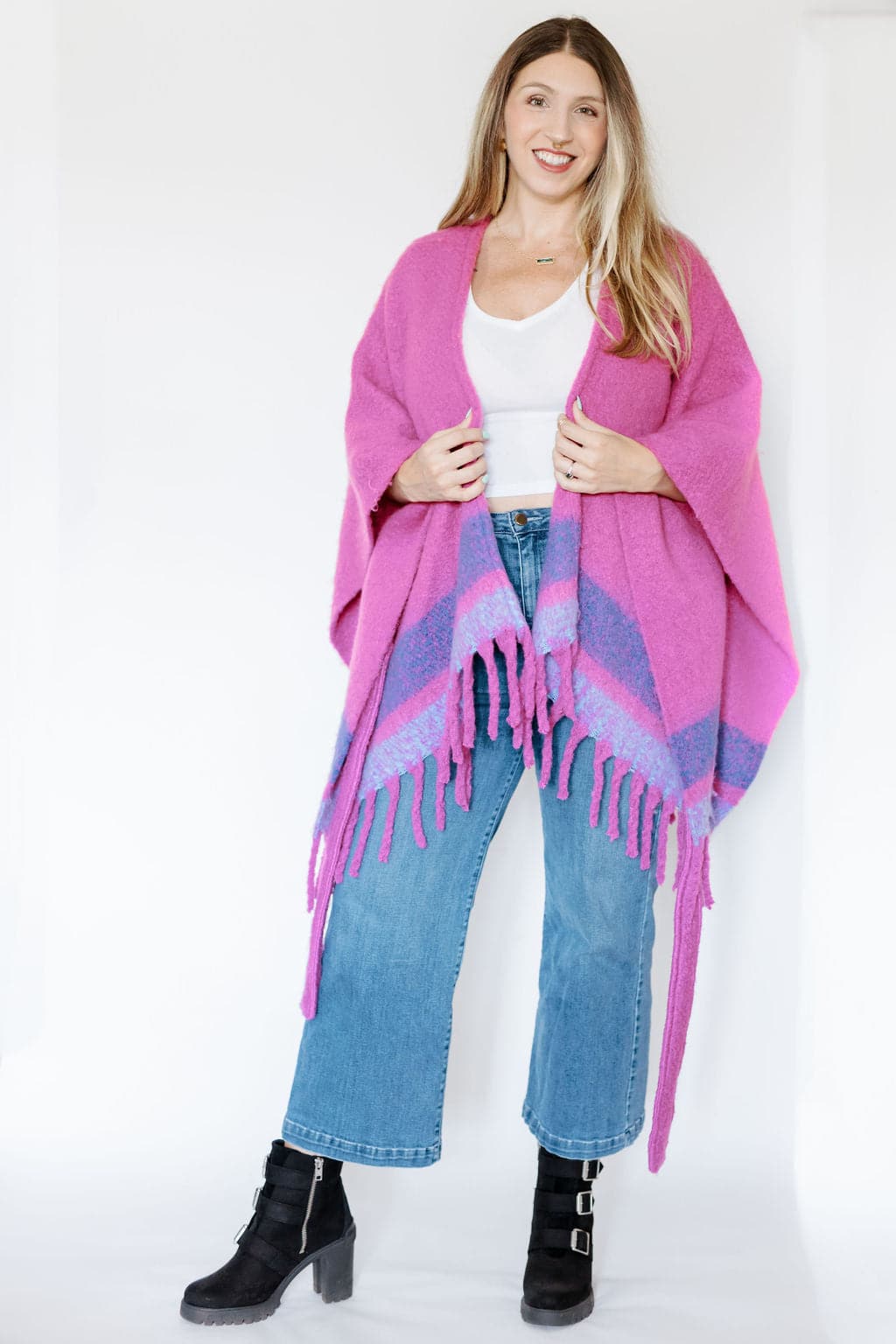 Striped Belted Ruana With Fringe GyalBashy