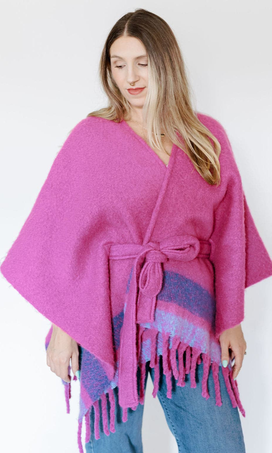 Striped Belted Ruana With Fringe GyalBashy