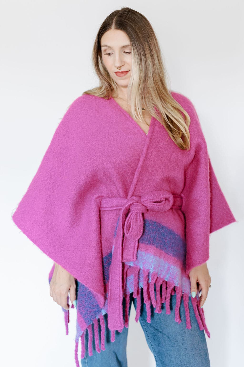 Striped Belted Ruana With Fringe GyalBashy