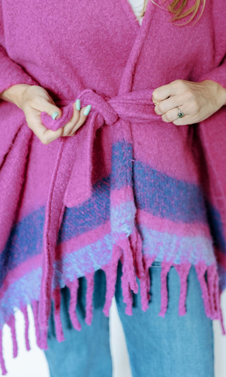 Striped Belted Ruana With Fringe GyalBashy