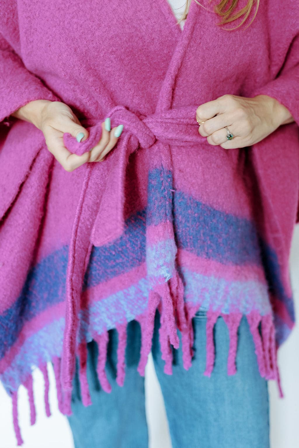 Striped Belted Ruana With Fringe GyalBashy