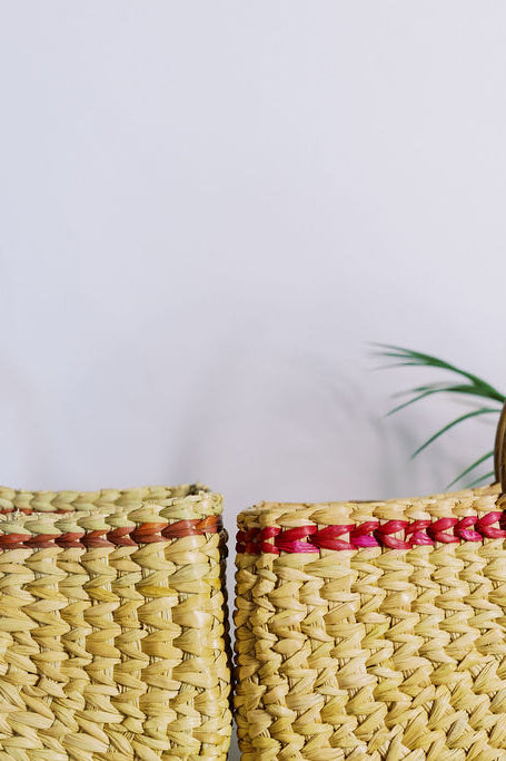 Two cane braided tote bags with a palm frond in the background.